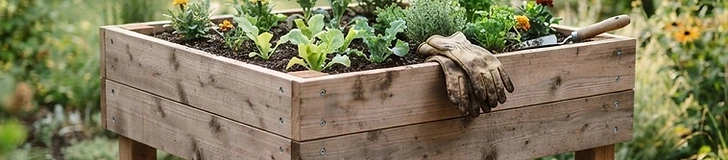 A wooden garden bed built on thick legs sitting on a patio, filled with green leafy vegetables and herbs at a comfortable standing height.