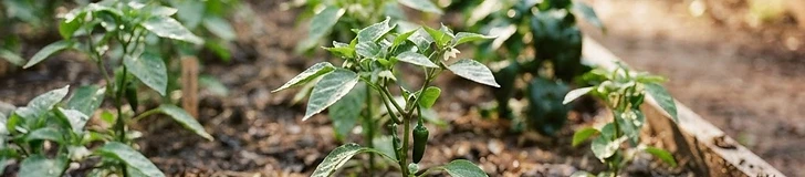 A close-up of healthy, bright green pepper plants growing in a raised garden bed with wooden stakes for support under a clear blue sky.