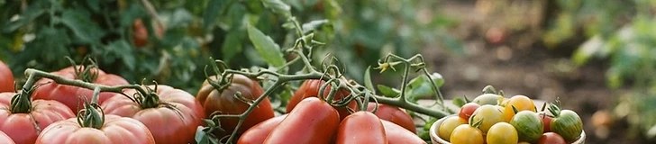 A variety of colorful tomatoes including red slicers and oblong paste tomatoes arranged on a rustic wooden table in a sunny garden.
