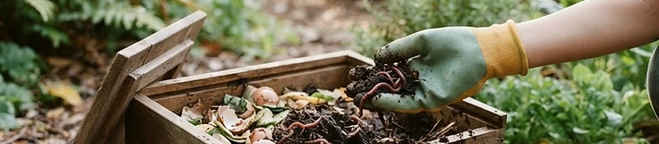 A young child holding a handful of dark, rich compost while looking at red wiggler worms in a plastic bin.