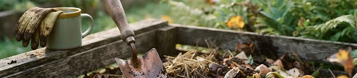 A close up view of a garden compost bin with layers of dry brown leaves and fresh green vegetable scraps mixed together.