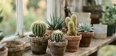 A close-up of a vibrant green prickly pear cactus sitting in a terracotta pot on a sunny wooden windowsill with a shallow depth of field.