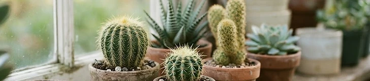 A close-up of a vibrant green prickly pear cactus sitting in a terracotta pot on a sunny wooden windowsill with a shallow depth of field.