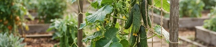 A backyard garden scene showing pole beans climbing tall bamboo stakes in a sunny raised garden bed.