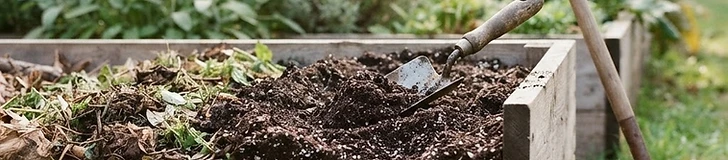 A close-up view of a gardener filling a raised wooden garden bed with layers of dark, rich compost and wood chips using a hand shovel.