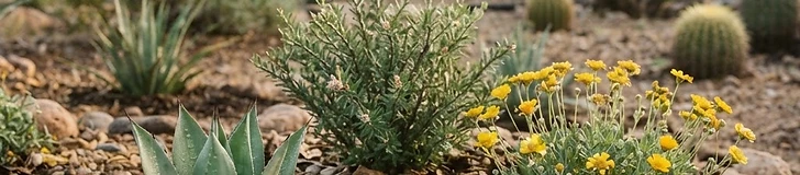 A close-up view of a garden bed featuring light-colored wood chip mulch surrounding a young drought-tolerant plant with rich, dark soil visible beneath.
