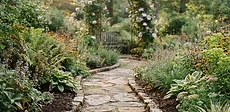 A winding stone pathway leading through a lush garden with a central birdbath focal point surrounded by flowering perennials.