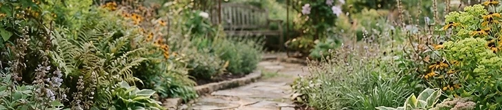 A winding stone pathway leading through a lush garden with a central birdbath focal point surrounded by flowering perennials.