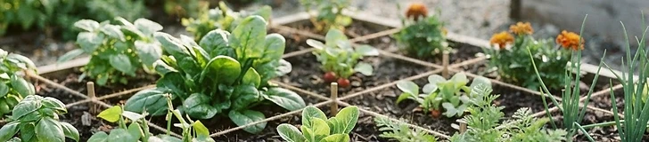 A close-up of a gardener's hands holding a notebook over a wooden square-foot garden bed with various colorful vegetable seedlings.