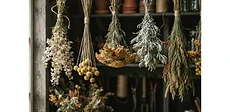 A rustic wooden rack holding several bundles of colorful dried strawflowers and celosia hanging upside down in a bright, airy garden shed.