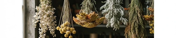 A rustic wooden rack holding several bundles of colorful dried strawflowers and celosia hanging upside down in a bright, airy garden shed.