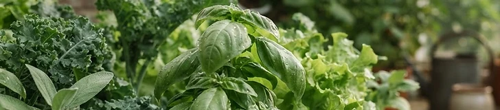 A close-up view of vibrant green lettuce and fresh basil leaves growing in a clean, modern hydroponic system with clear water and white net pots.