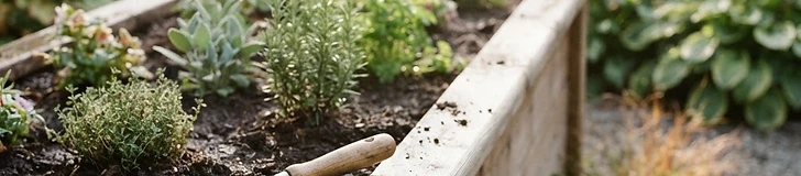 A close-up of a gardener using a long-handled tool while wearing comfortable gardening gloves in a well-organized backyard garden.