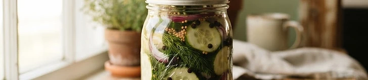 A mason jar of crisp pickled cucumbers, red onions, and dill sprigs in a light brine on a wooden counter near a sunlit window.