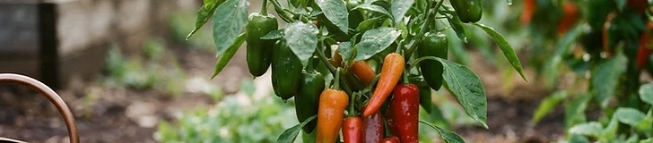 A close-up view of a vibrant, glossy red bell pepper hanging on a healthy green plant with mulch visible around the base of the stem.