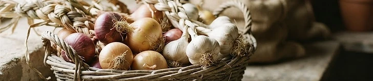 Close-up of freshly cured garlic bulbs and onions with dry, papery skins resting in a wooden crate inside a cool, dimly lit barn.