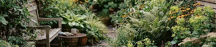 A small urban courtyard garden featuring vertical wooden planters on a brick wall, a bistro set on a light gravel path, and layered green foliage.