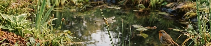 A small backyard garden pond with smooth river stones around the edge, surrounded by lush native ferns and aquatic plants.
