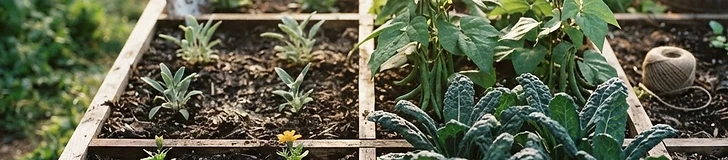 A close-up view of a raised garden bed grid showing different stages of growth in each square, from tiny seedlings to mature leafy greens.