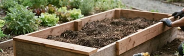 A wooden raised garden bed filled with rich, dark soil sits in a sunny backyard with a nearby watering can.