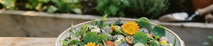 A wooden bowl filled with fresh mixed salad greens and cherry tomatoes on a rustic outdoor garden table.