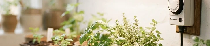 A close-up of a small indoor herb garden under a sleek, purple-hued LED grow light bar mounted on a white shelf.