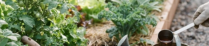 Close up of a gardener wearing brown gloves spreading dark, crumbly compost over rich soil in a raised garden bed.