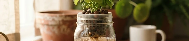 A close-up view of a green lettuce head growing out of a recycled plastic jar on a wooden kitchen table with bright sunlight hitting the leaves.