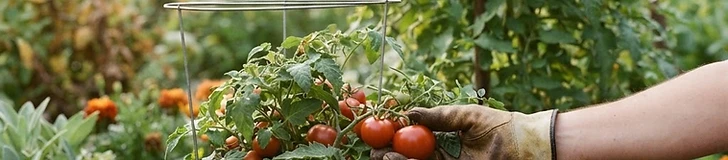 A close-up view of a tomato plant in a garden with a wooden stake support and small green fruit hanging from the vine.