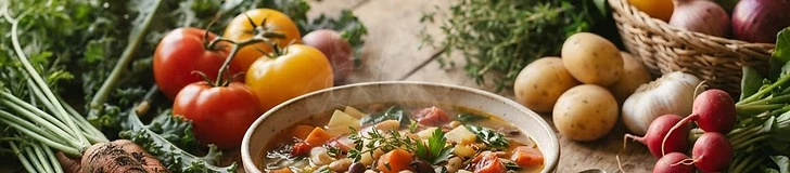 A rustic wooden table with freshly harvested vegetables, herbs and a bowl of homemade garden soup.