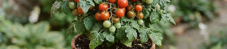 A close-up view of a vibrant red determinate tomato plant heavy with fruit growing in a terracotta pot on a wooden apartment balcony.
