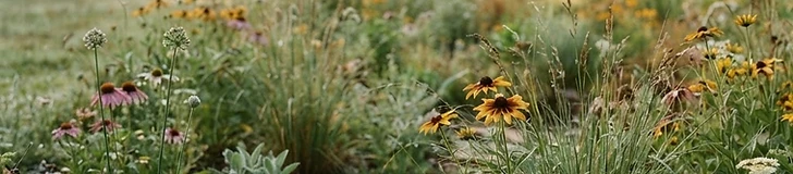 A section of a residential backyard transitioning from manicured grass to a lush, colorful native wildflower meadow with diverse textures and heights.