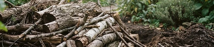 A close-up view of a gardener layering dry logs and branches at the base of a raised garden bed in a sunny backyard.