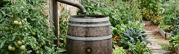 A wooden rain barrel collecting water from a home downspout beside a lush green vegetable garden.