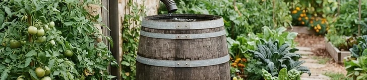 A wooden rain barrel collecting water from a home downspout beside a lush green vegetable garden.