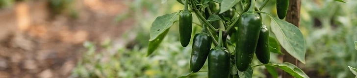 Close-up of vibrant green jalapeño peppers hanging from a leafy plant in a sunny vegetable garden.