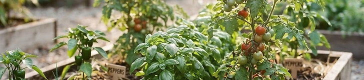 A child in a sun-drenched garden picking bright red cherry tomatoes and green basil leaves from a circular raised bed.