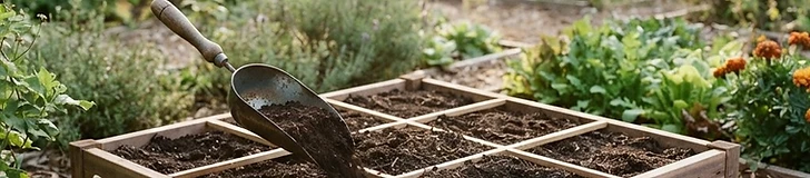 A close-up view of a wooden square-foot garden bed filled with rich, dark soil and divided by white twine into perfect one-foot grids.