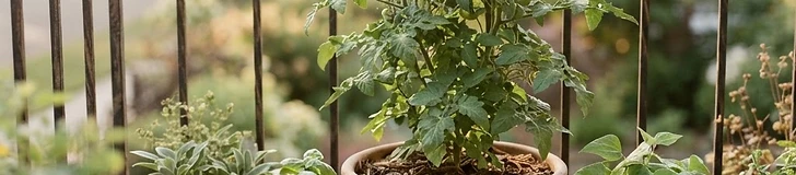 An assortment of colorful terracotta, plastic, and fabric grow bags arranged on a sunny wooden deck with various vegetable seedlings.