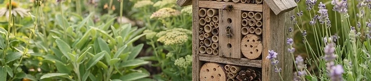 A close-up of a wooden bee hotel filled with various sizes of bamboo tubes attached to a sunny garden post surrounded by colorful wildflowers.