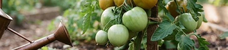 A close-up view of a gardener using a soaker hose at the base of a healthy green tomato plant with organic straw mulch covering the soil.