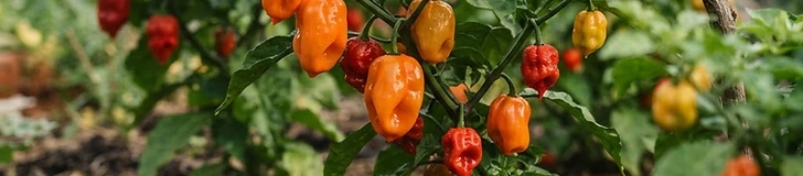 A close-up of a vibrant orange habanero pepper hanging from a healthy green plant in a sunny backyard garden.