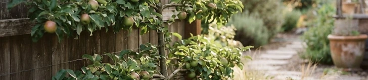A young apple tree with green leaves and small ripening fruits planted in a garden bed surrounded by colorful perennial flowers.