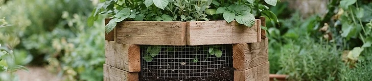 A wire mesh cylinder filled with soil and lush green potato vines sitting on a wooden deck.