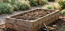 A person using a power drill to assemble a cedar wood frame for a rectangular raised garden bed in a sunny backyard.