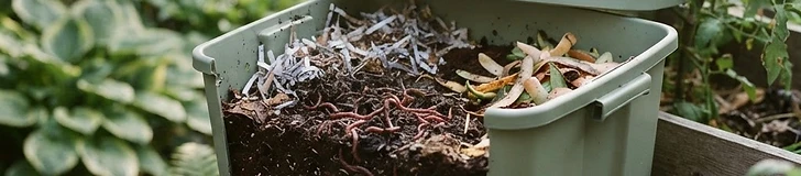 A close-up view of a person wearing gardening gloves adding vegetable scraps into a plastic bin filled with shredded paper and active earthworms.