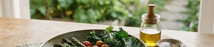 A close-up of freshly picked garden vegetables including leafy greens and snap peas sitting in a wooden bowl on a kitchen counter.