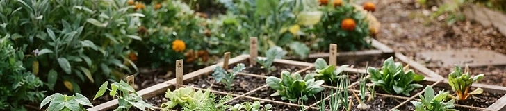 A close up of a wooden square-foot gardening grid in a raised bed with young seedlings growing in neat, organized sections.