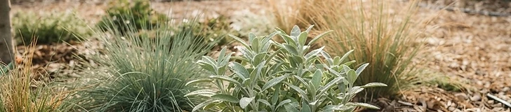 A close-up view of dark wood chip mulch surrounding a young drought-tolerant shrub in a sunlit garden bed.