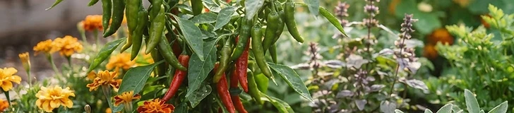 A close-up of a raised garden bed featuring lush green pepper plants growing alongside vibrant orange marigolds and bushy green basil.